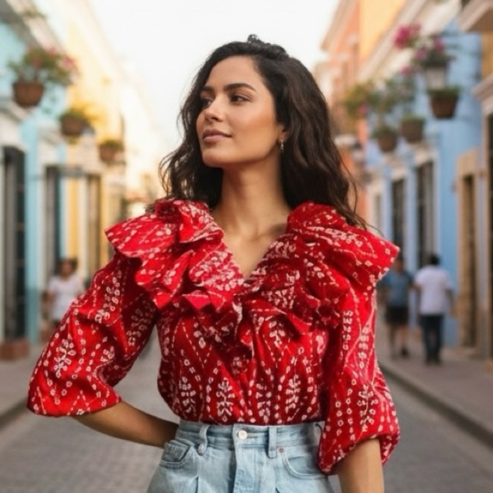 Zara Red Ruffled Eyelet Women's Top